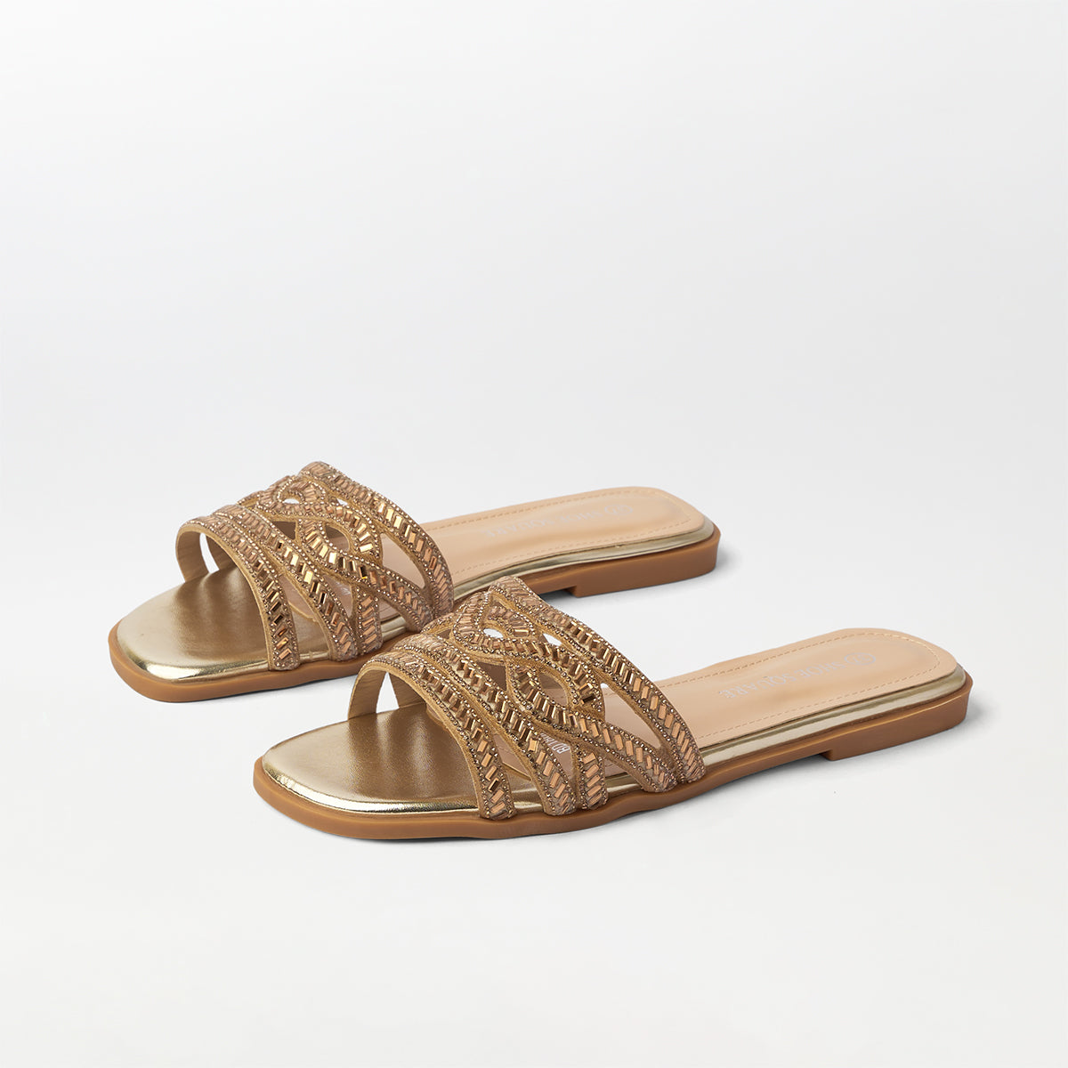 Stones Embellished Flat Slippers Gold - (FS90)