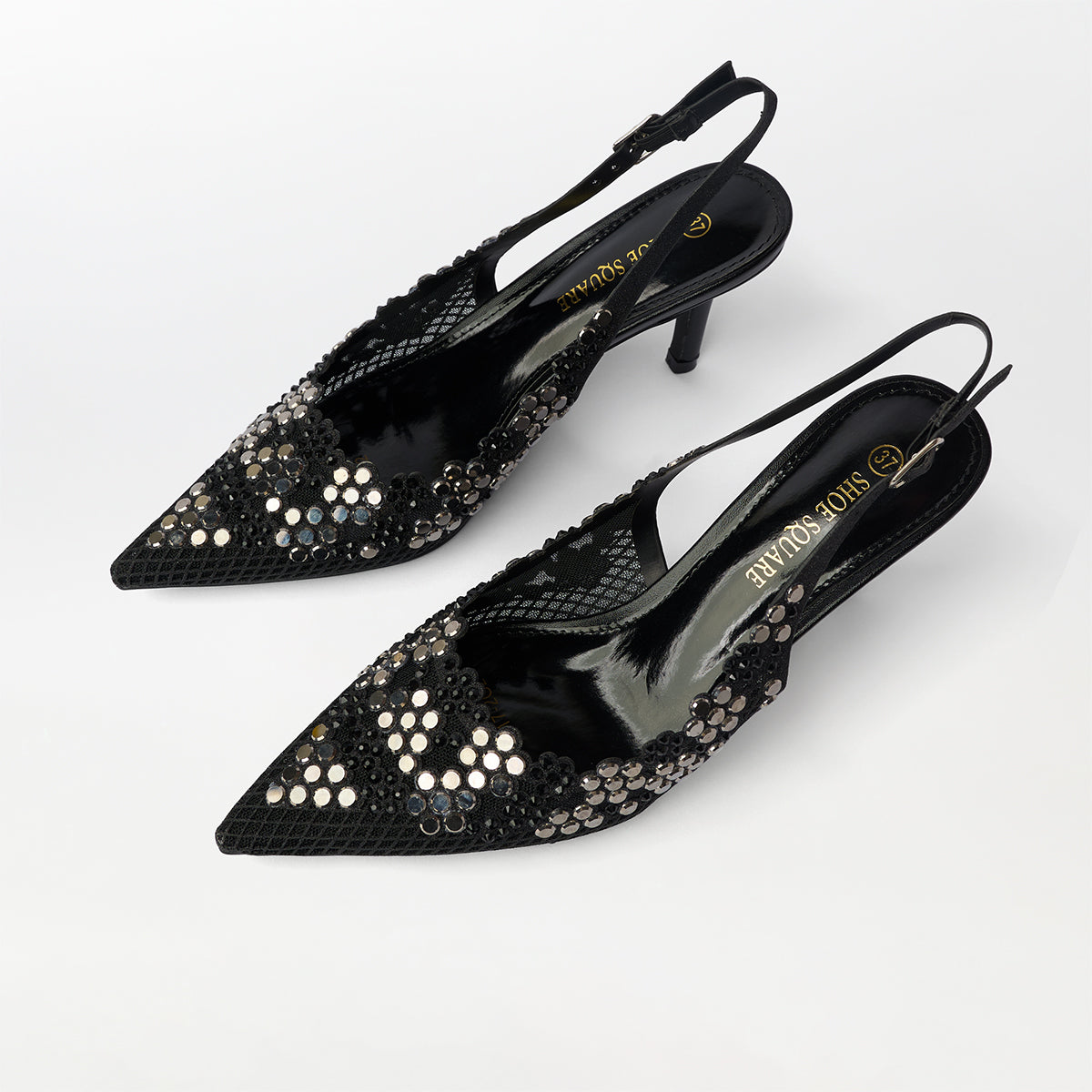 Mirror Embellished Slingback Kitten Heels Black - (CH273)