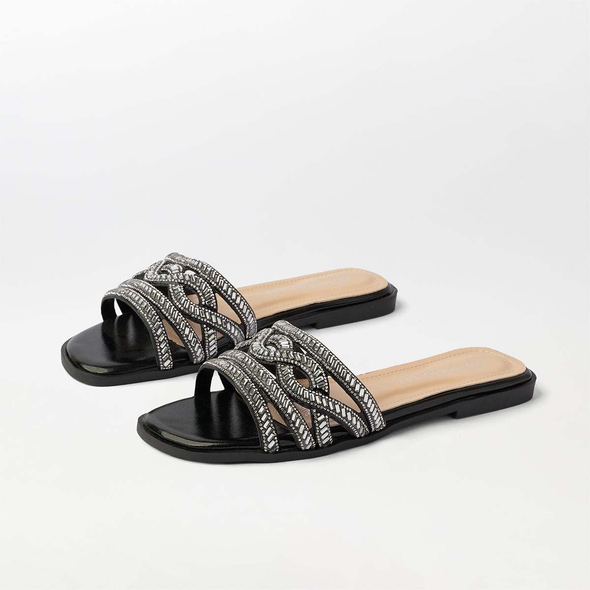Stones Embellished Flat Slippers Black - (FS91)