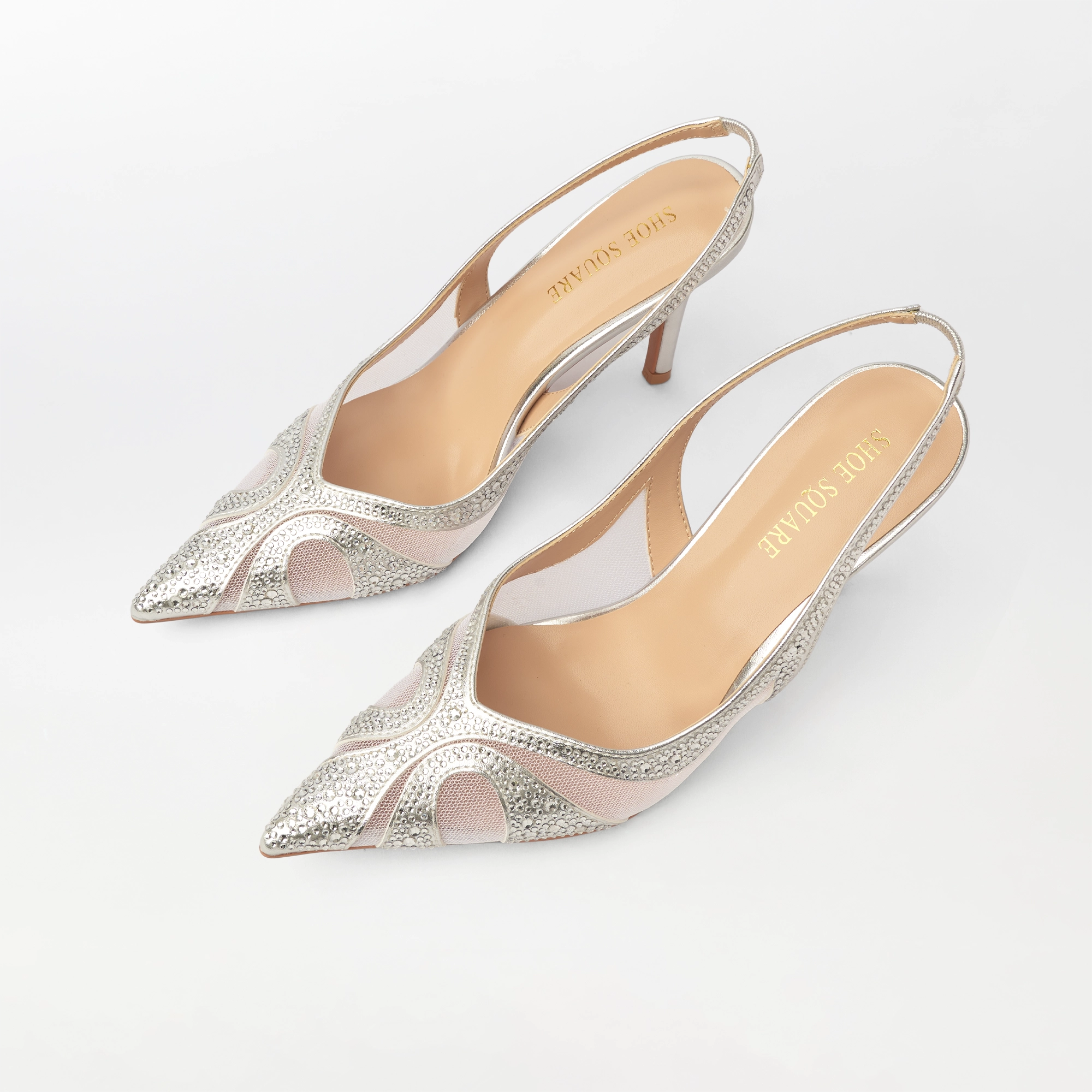 Embellished Mesh Slingback Heel Silver - (CH336)
