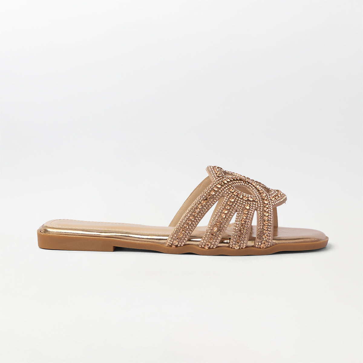 Embellished Cut Work Flat Slippers Champagne - (FS94)
