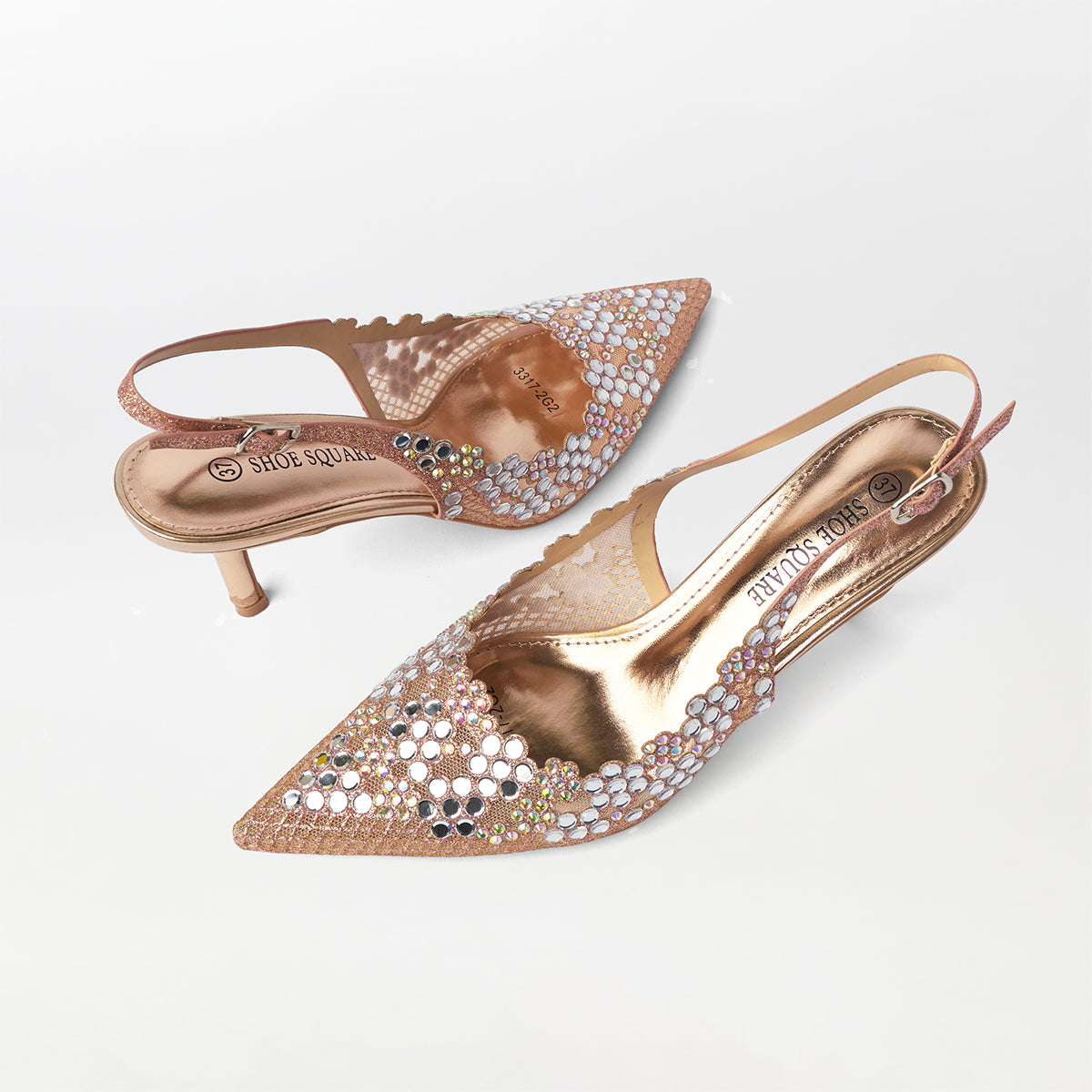 Mirror Embellished Slingback Kitten Heels Champagne - (CH274)