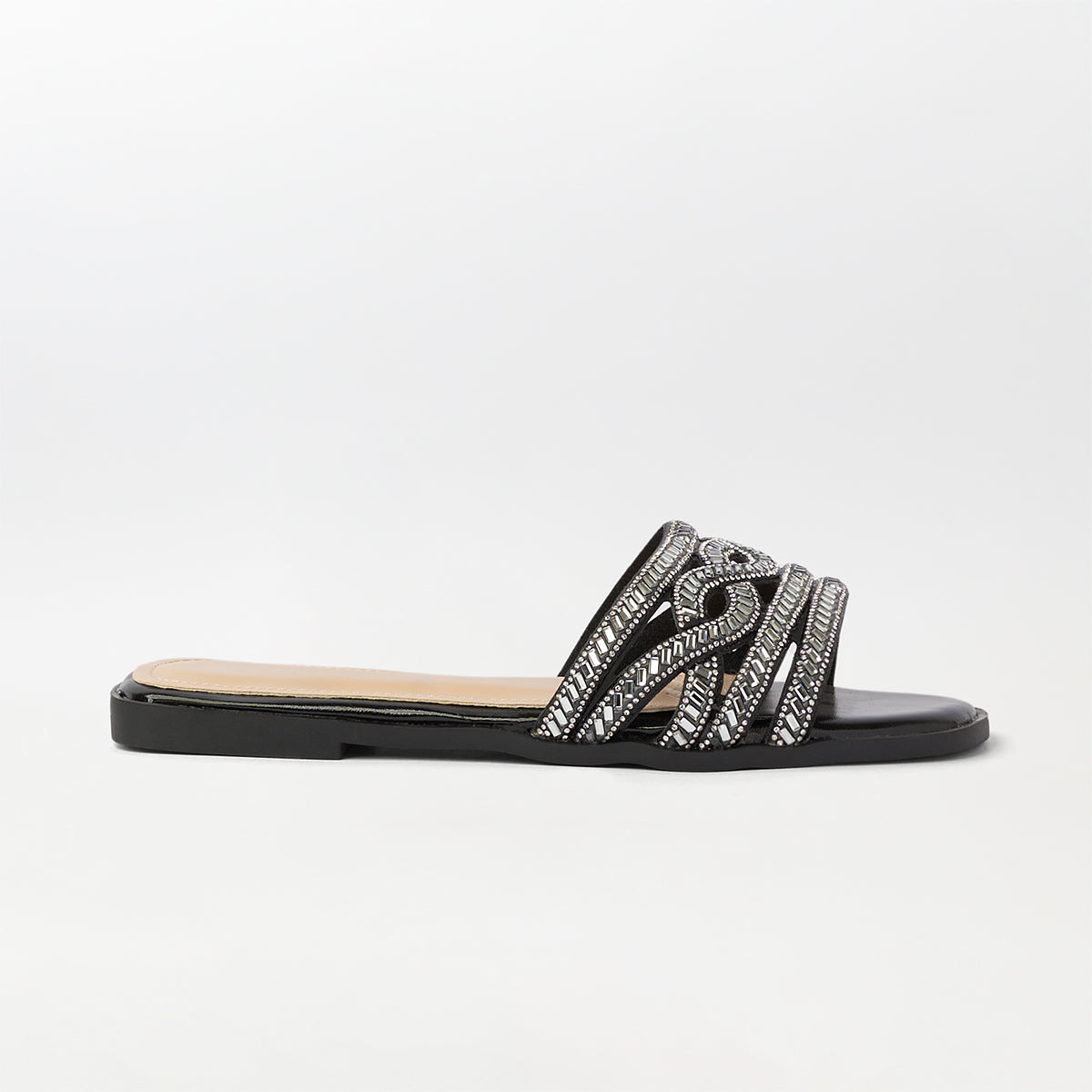 Stones Embellished Flat Slippers Black - (FS91)