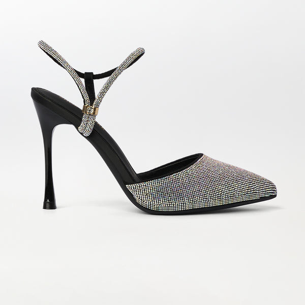 Stone Embellished Black High Heels - (CH284)