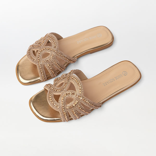 Embellished Cut Work Flat Slippers Champagne - (FS94)