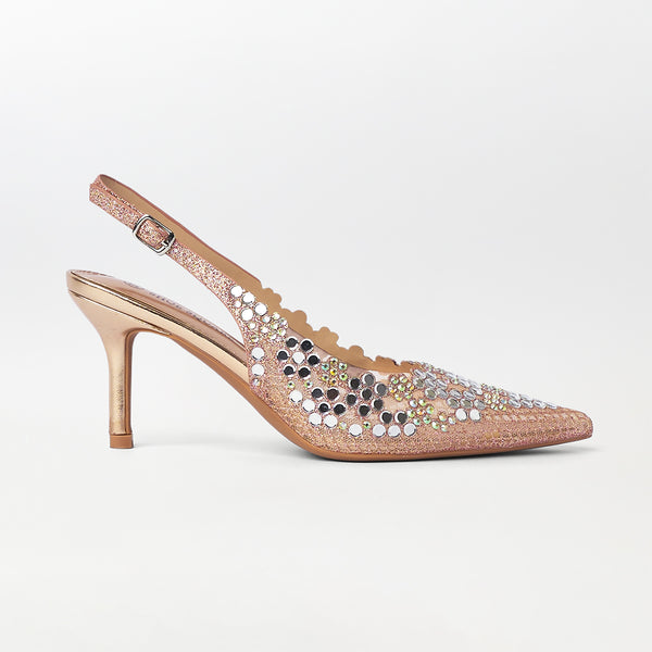 Mirror Embellished Slingback Kitten Heels Champagne - (CH274)