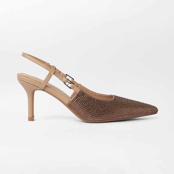 Embellished Slingback Kitten Heels Khaki - (CH276)