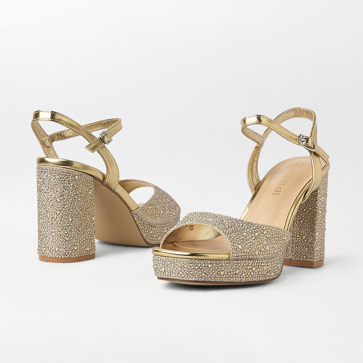 Stones Embellished Block Heel Gold - (CH264)