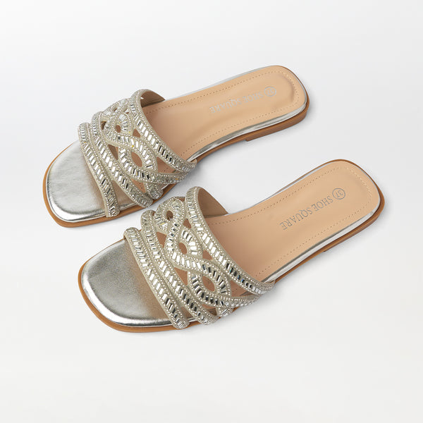 Stones Embellished Flat Slippers Silver - (FS89)