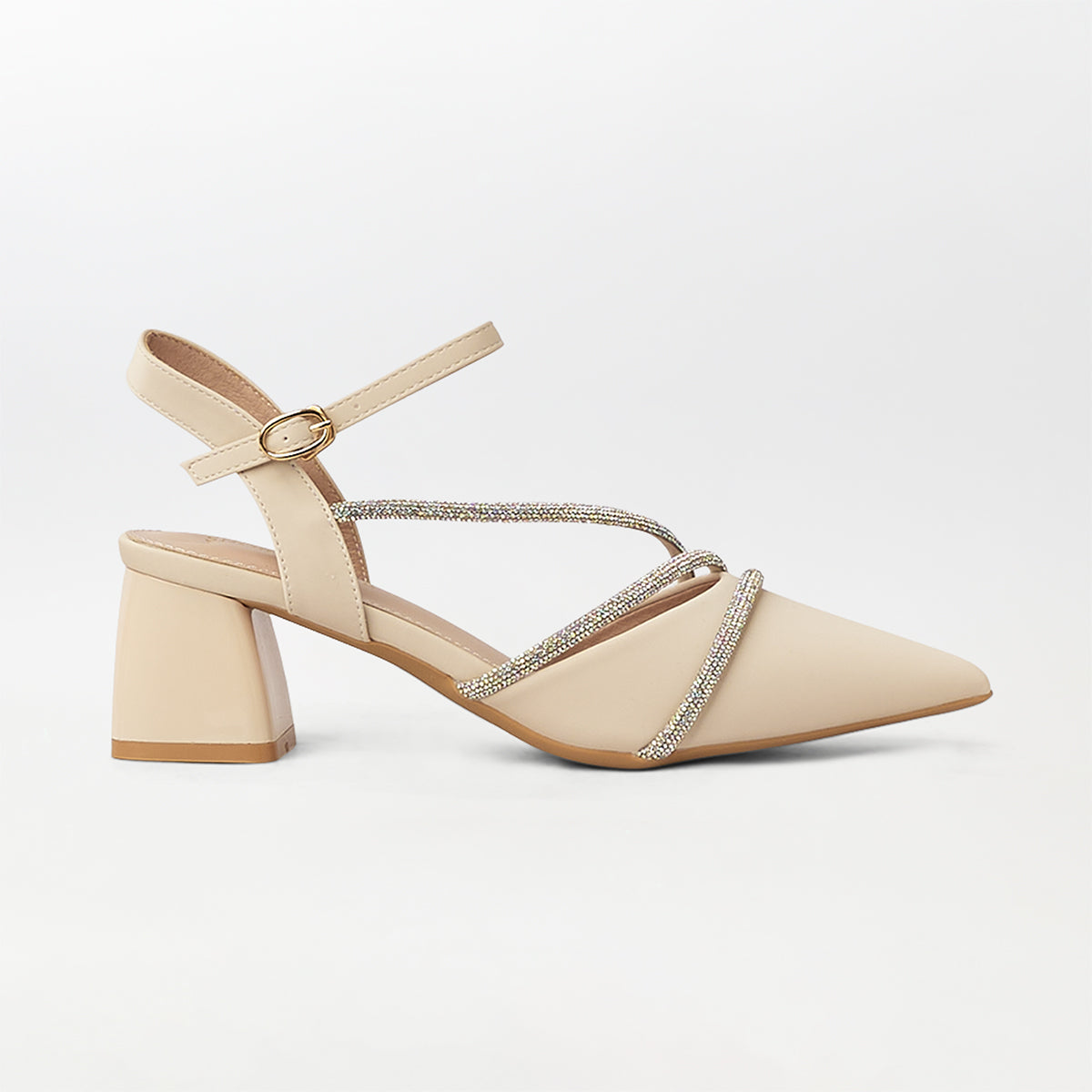 Pointed Toe Block Heel Sandals Beige - (CH287)