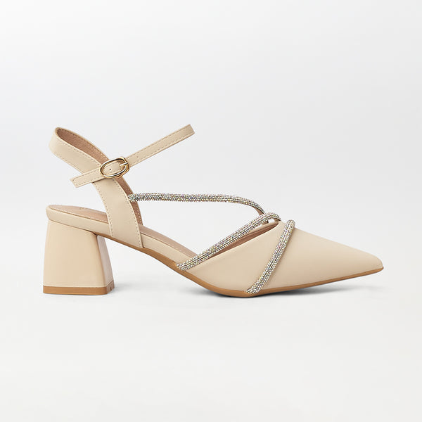 Pointed Toe Block Heel Sandals Beige - (CH287)