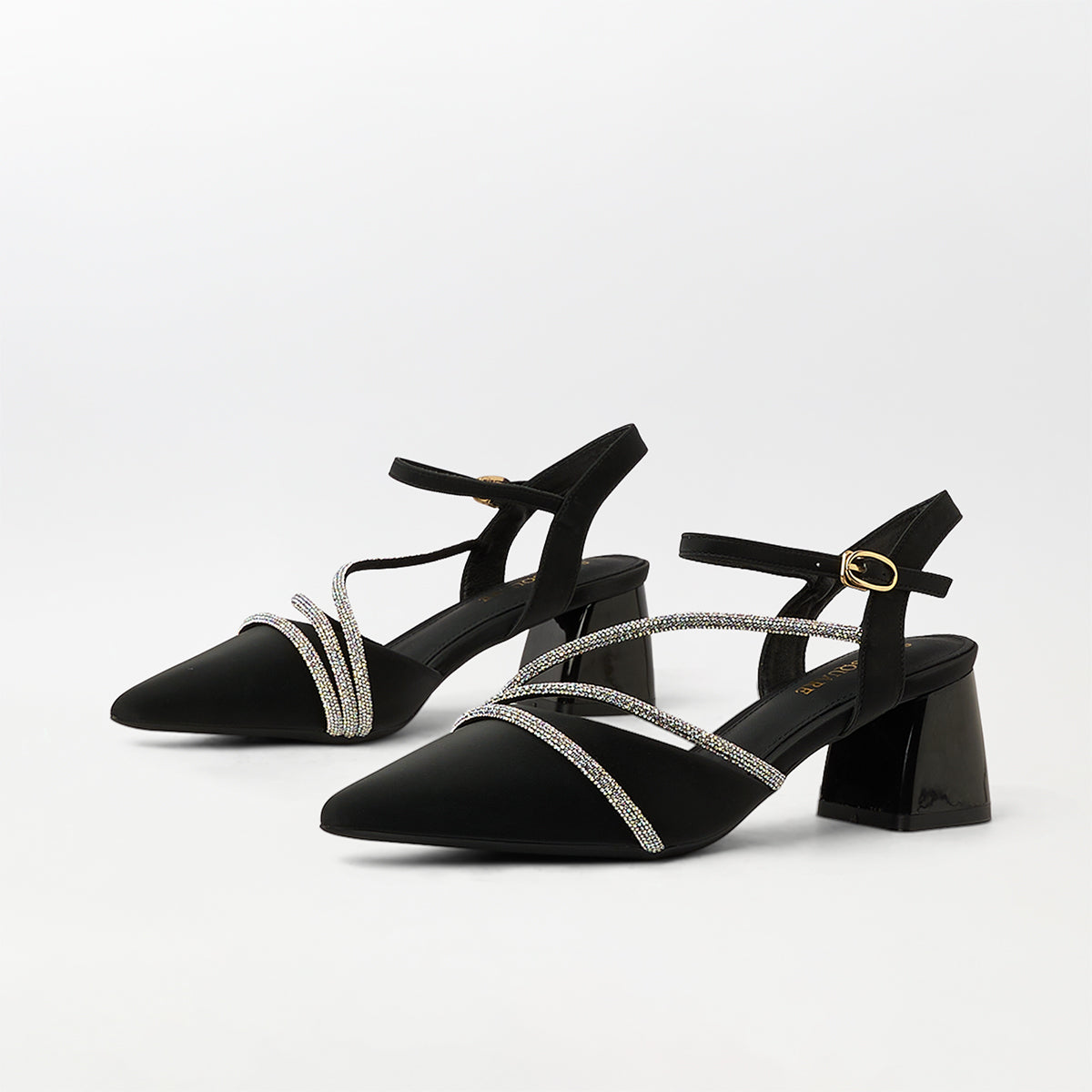 Pointed Toe Block Heel Sandals Black - (CH286)