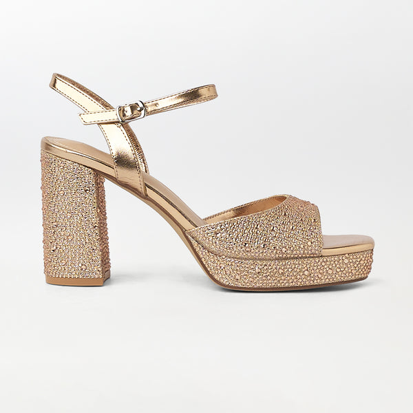 Stones Embellished Block Heel Champagne - (CH262)