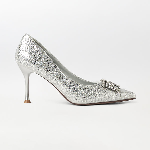 Stones Embellished Court Shoes Silver - (CH229)
