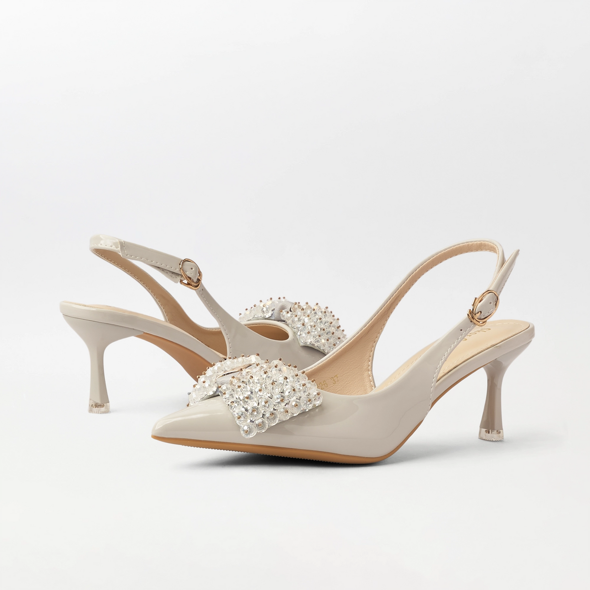 Embellished Bow Slingback Heel Light Grey - (CH328)
