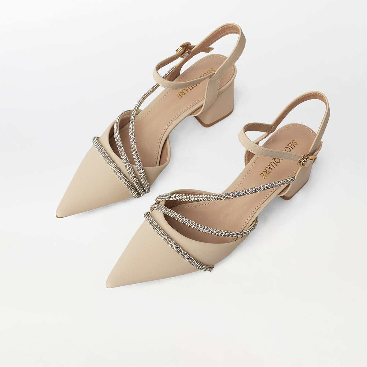 Pointed Toe Block Heel Sandals Beige - (CH287)