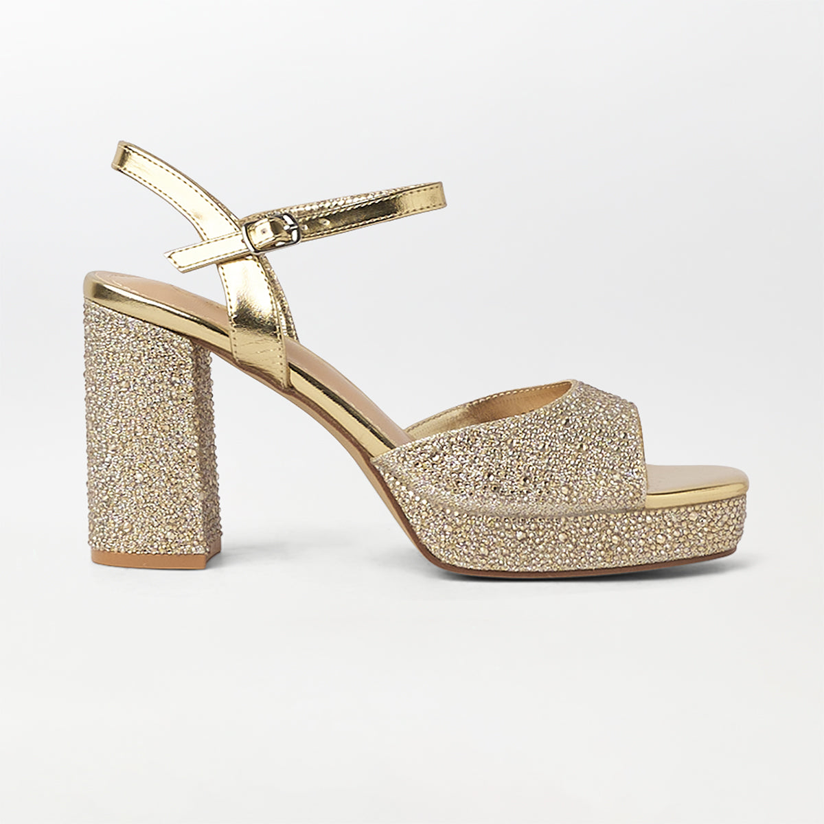 Stones Embellished Block Heel Gold - (CH264)
