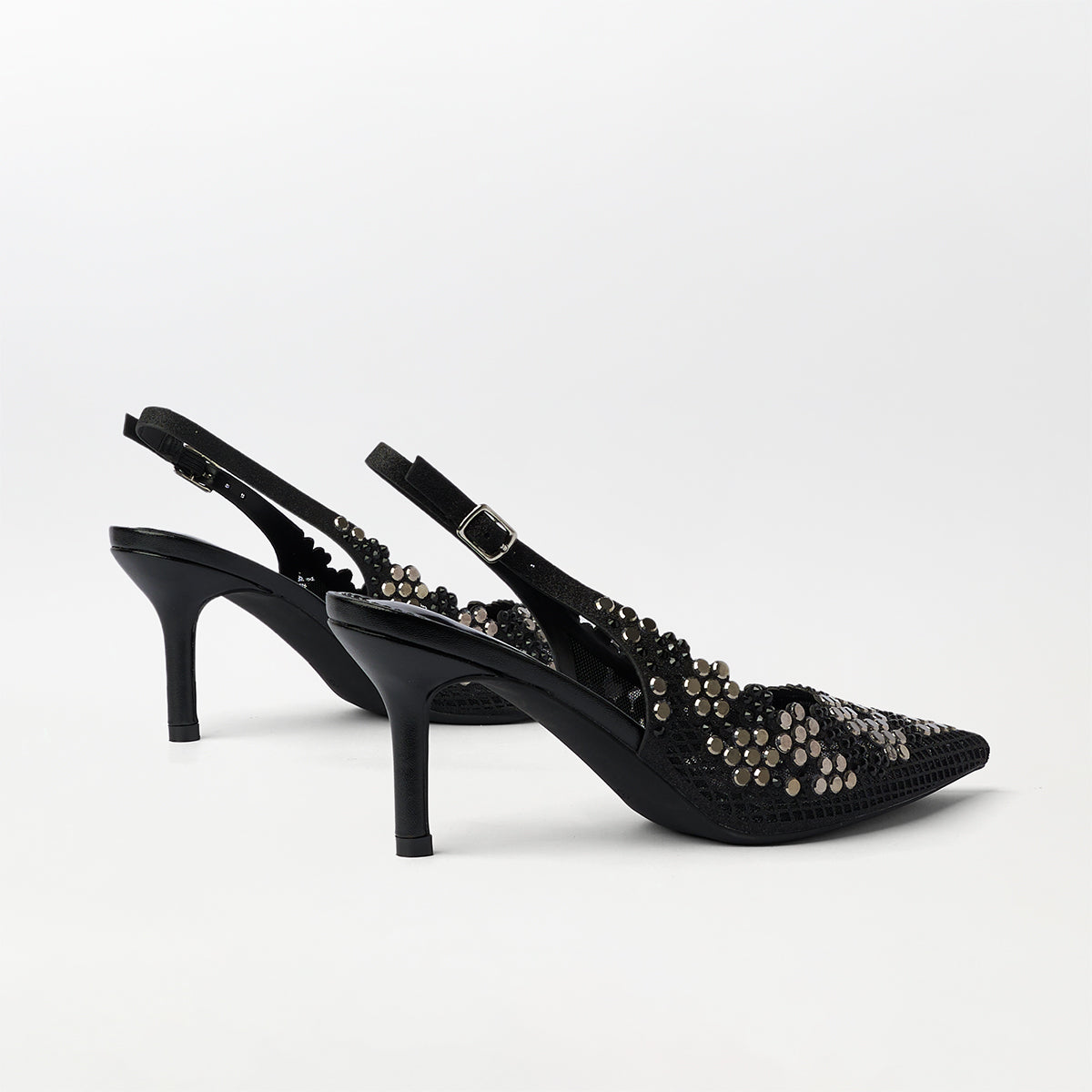 Mirror Embellished Slingback Kitten Heels Black - (CH273)