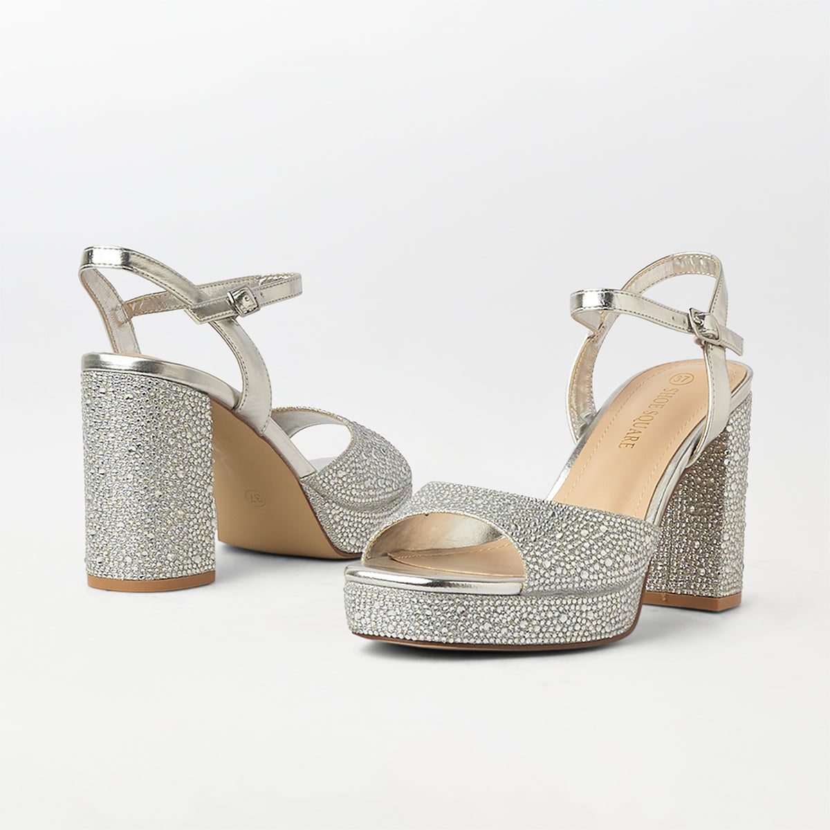 Stones Embellished Block Heel Silver - (CH261)