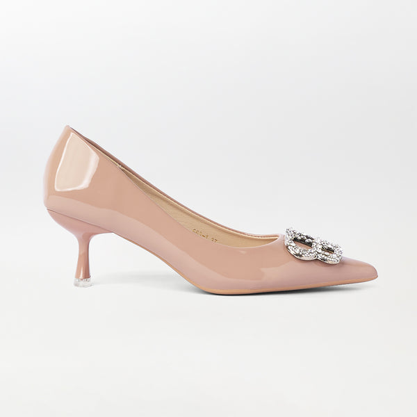 Broach kitten heel Court Shoes Pink - (CH293)