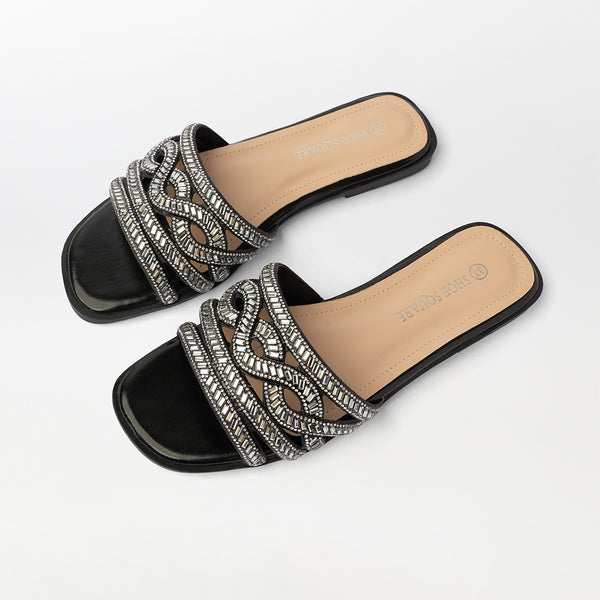Stones Embellished Flat Slippers Black - (FS91)