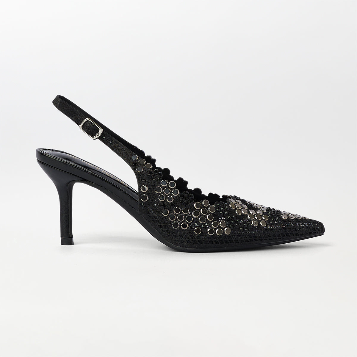 Mirror Embellished Slingback Kitten Heels Black - (CH273)