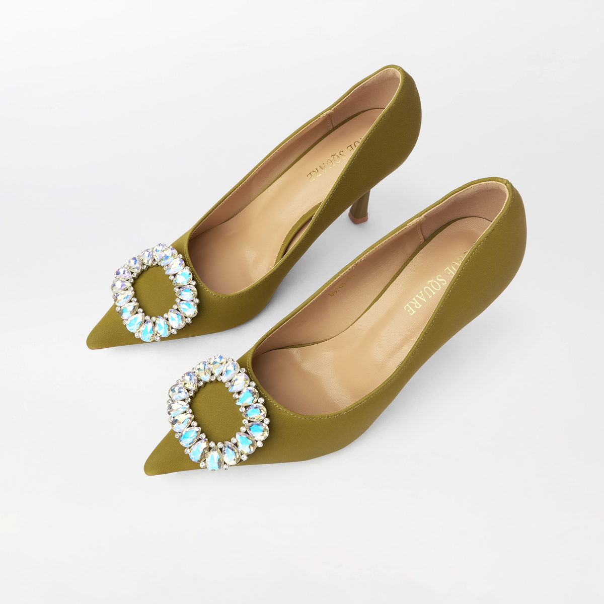 Embellished Court Shoes Heel Olive - (CH330)