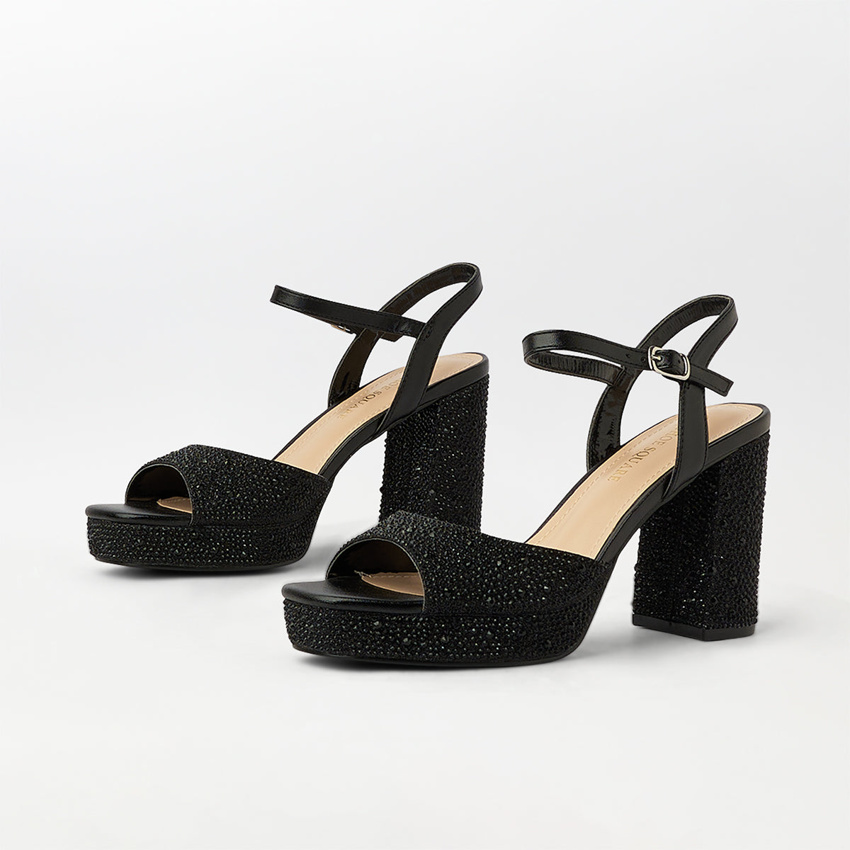 Stones Embellished Block Heel Black - (CH265)