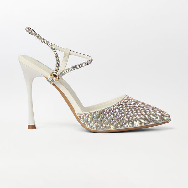 Stone Embellished White High Heels - (CH283)