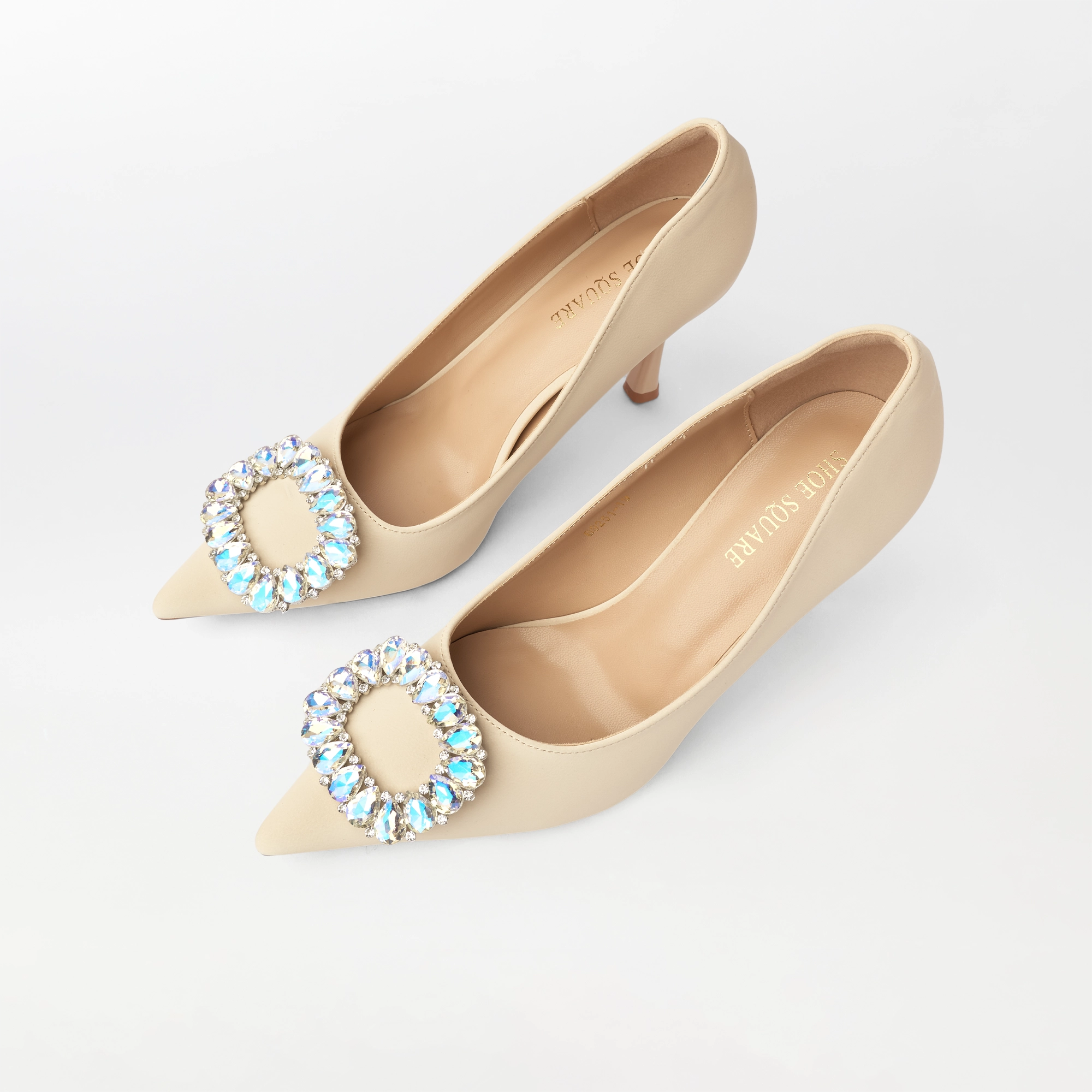 Embellished Court Shoes Heel Beige - (CH329)