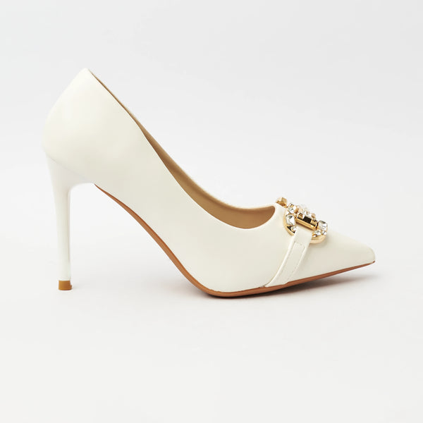 Pointed Toe - Embellished Stiletto High Heel - Court Shoes - White (CH89)