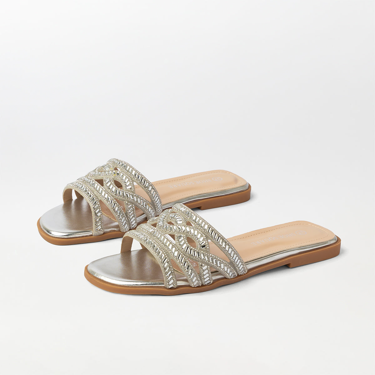 Stones Embellished Flat Slippers Silver - (FS89)