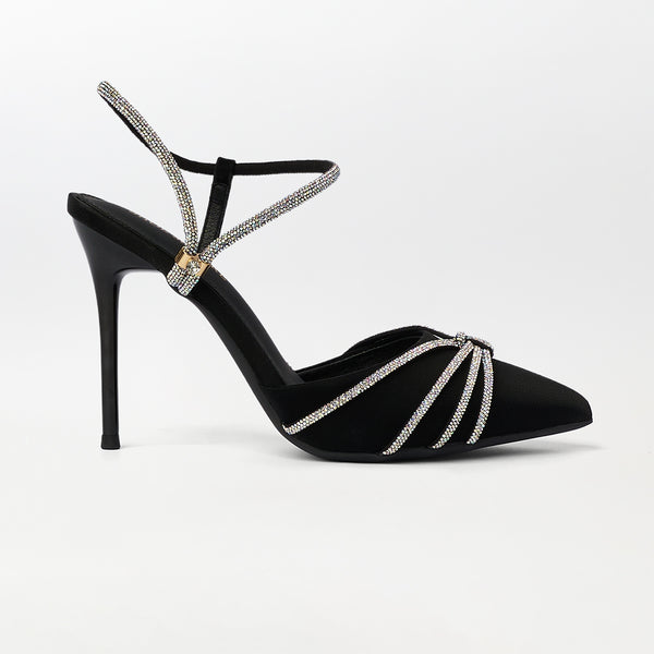 Embellished High Heel Black Sandals - (CH279)