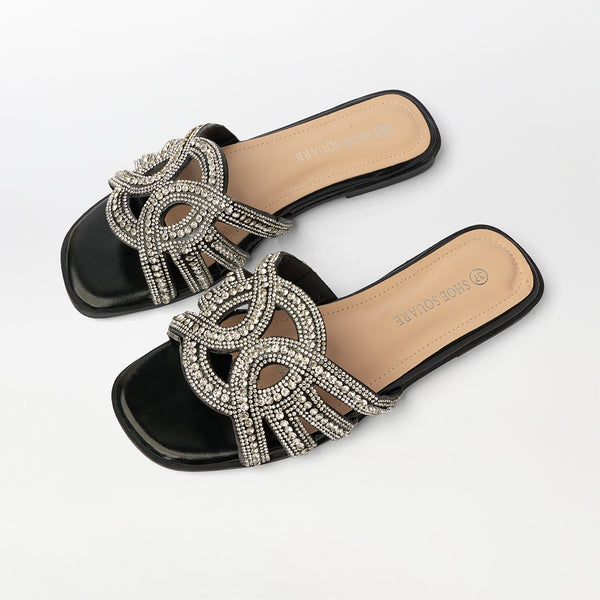 Embellished Cut Work Flat Slippers Black - (FS92)