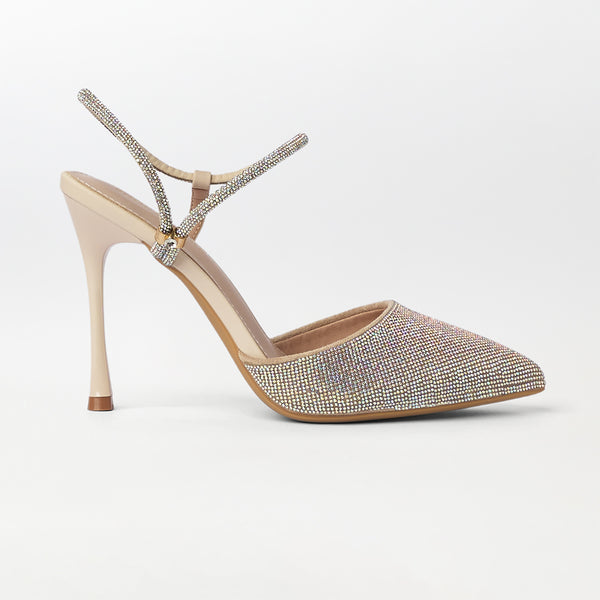 Stone Embellished Beige High Heels - (CH285)