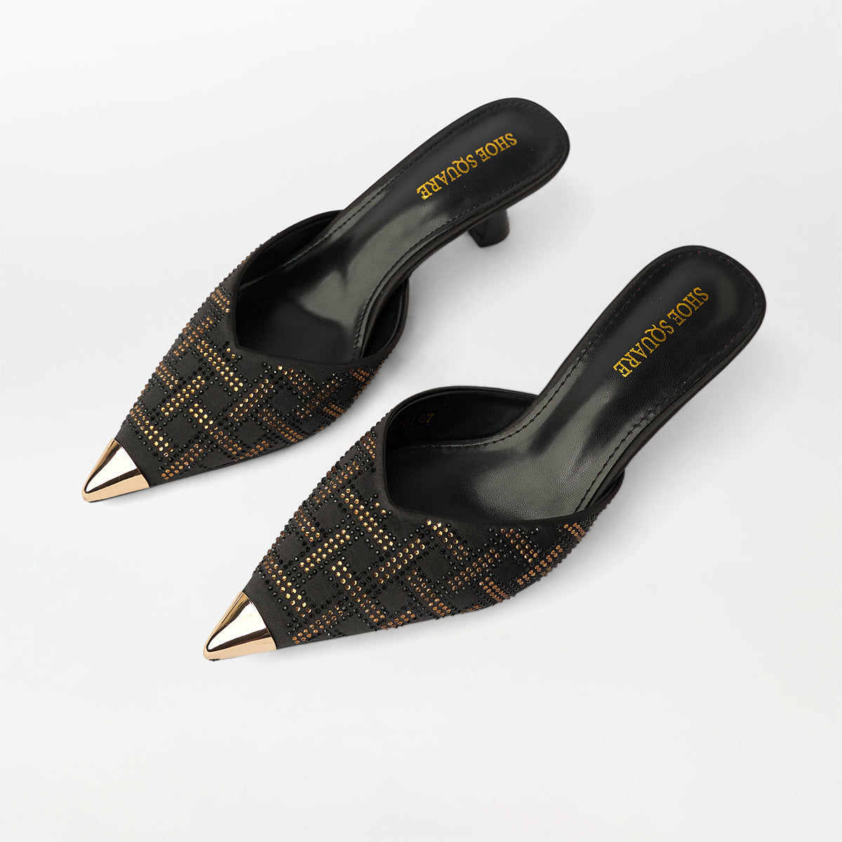 Embellished Kitten Heel Mules Black - (CH233)