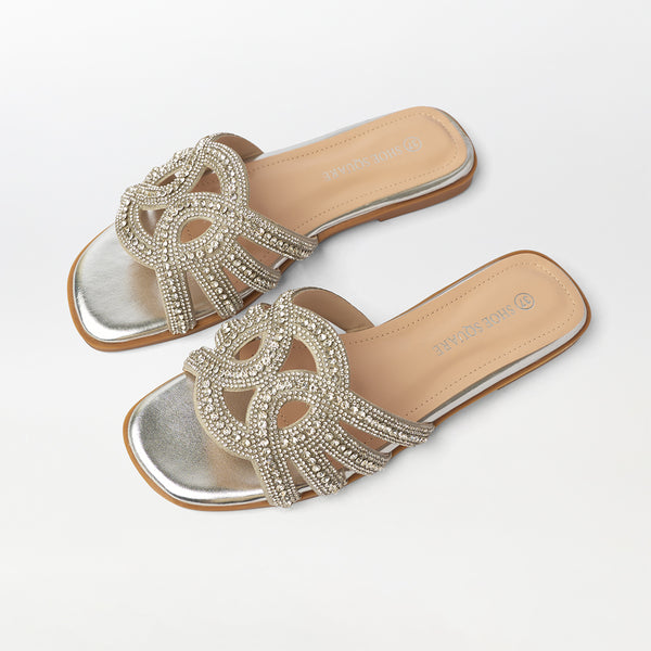 Embellished Cut Work Flat Slippers Silver - (FS93)