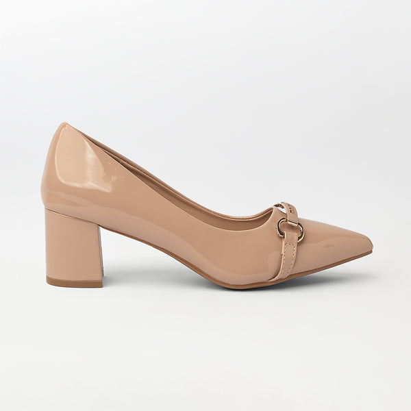 Leather Block Heel Court Shoes (CH153)