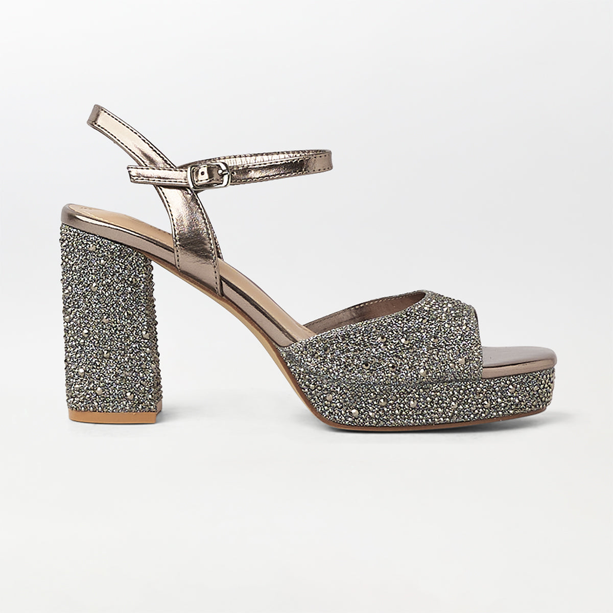Stones Embellished Block Heel Gray - (CH263)