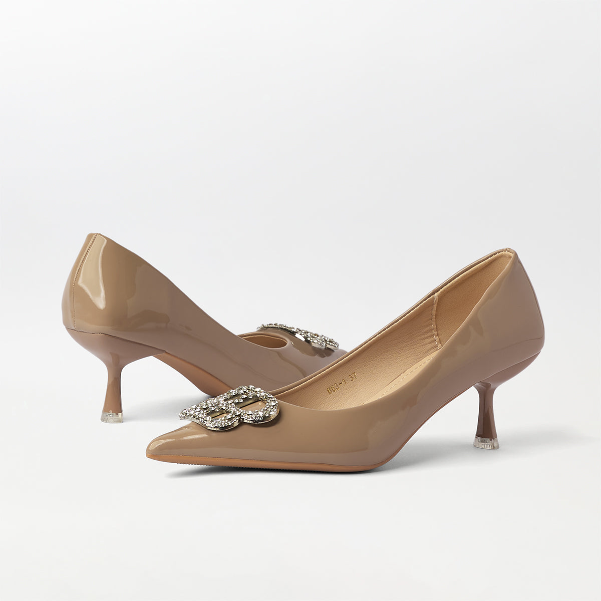 Broach kitten heel Court Shoes Khaki - (CH291)