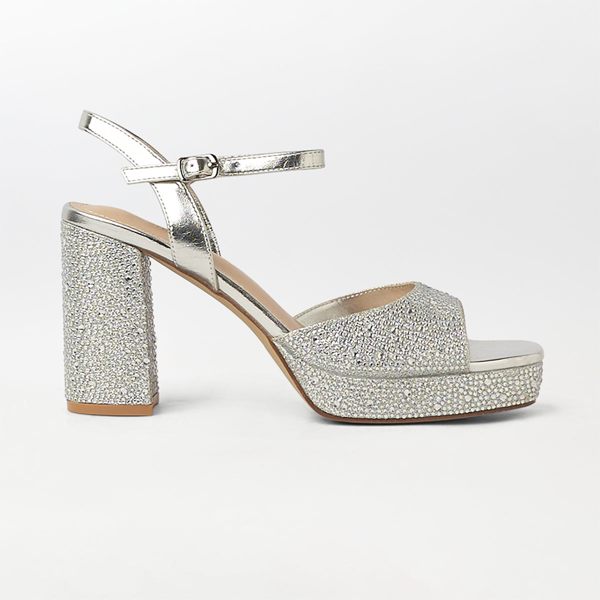 Stones Embellished Block Heel Silver - (CH261)