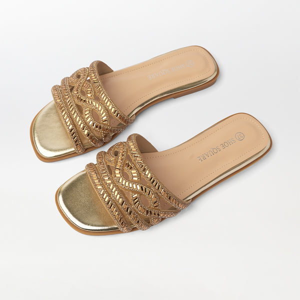 Stones Embellished Flat Slippers Gold - (FS90)