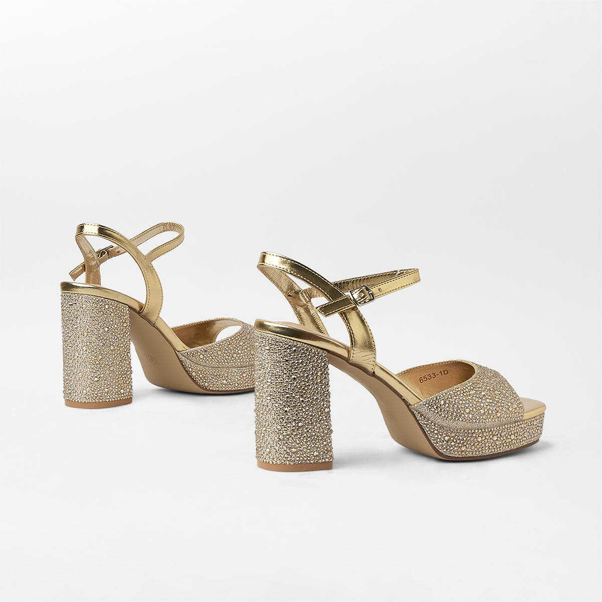 Stones Embellished Block Heel Gold - (CH264)