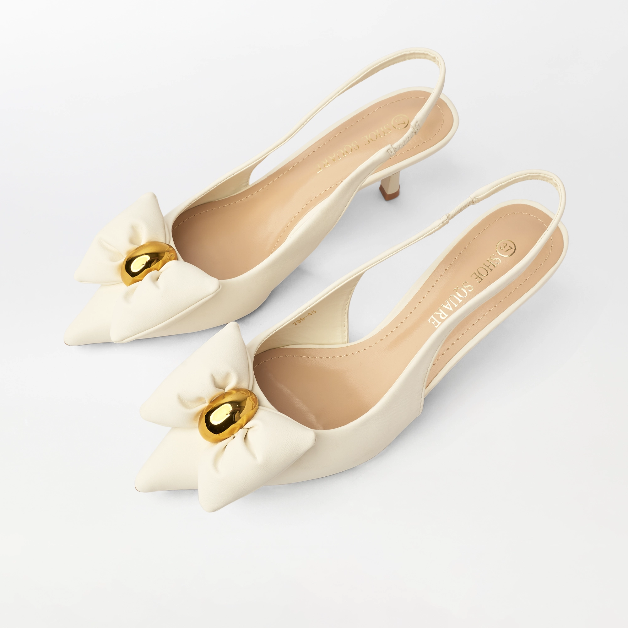Kitten Heel Bowtie Slingback Beige - (CH342)