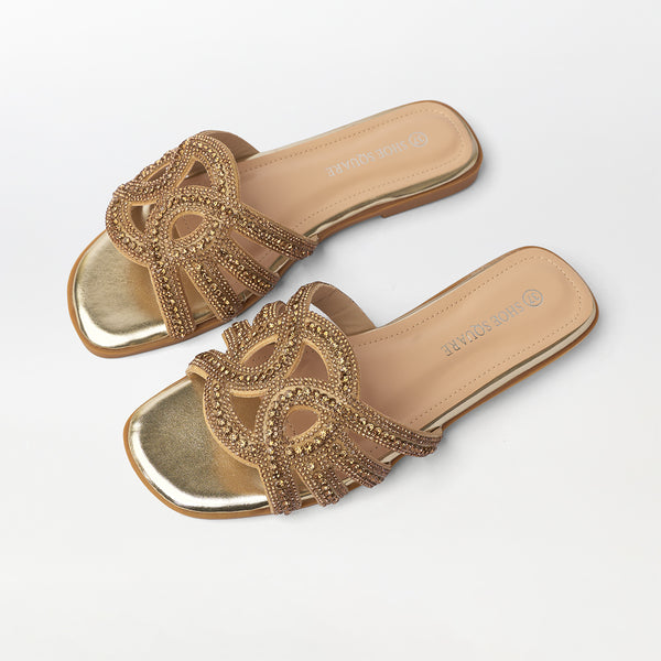 Embellished Cut Work Flat Slippers Gold - (FS95)