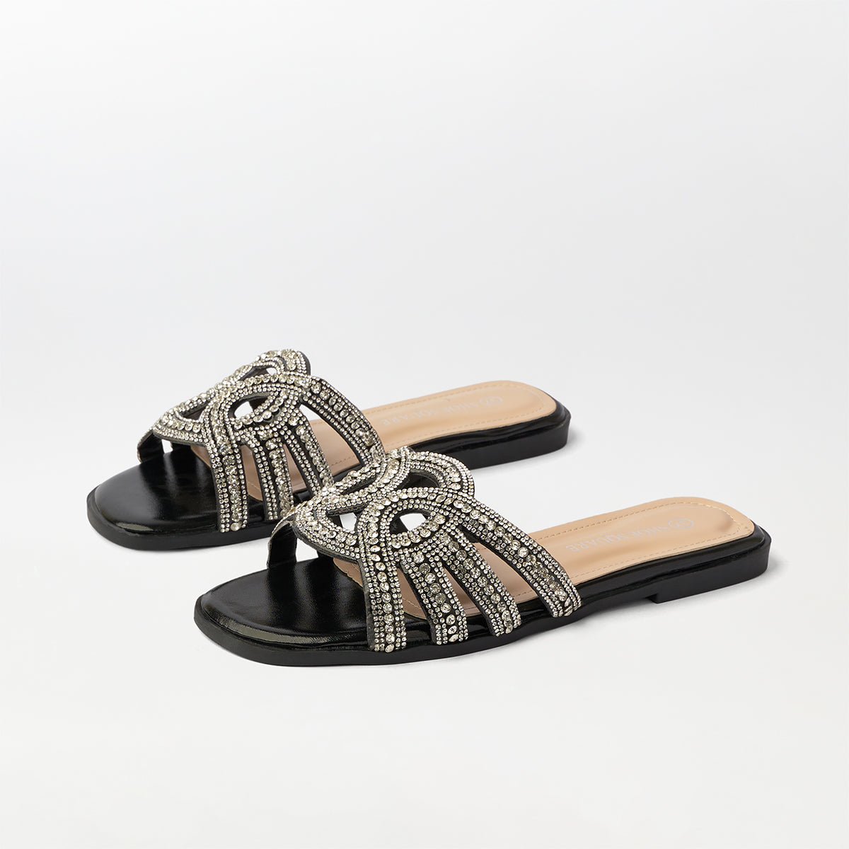 Embellished Cut Work Flat Slippers Black - (FS92)