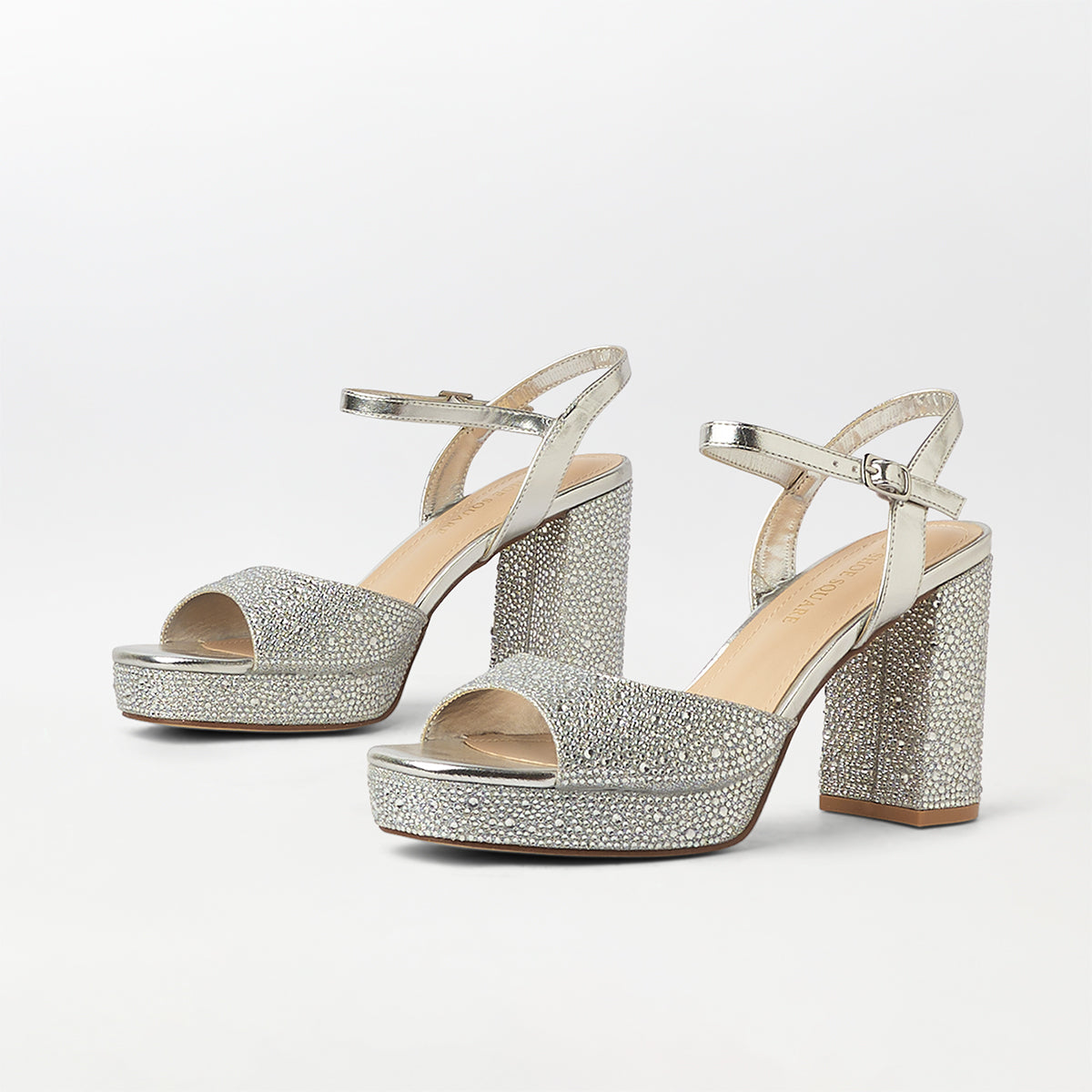 Stones Embellished Block Heel Silver - (CH261)