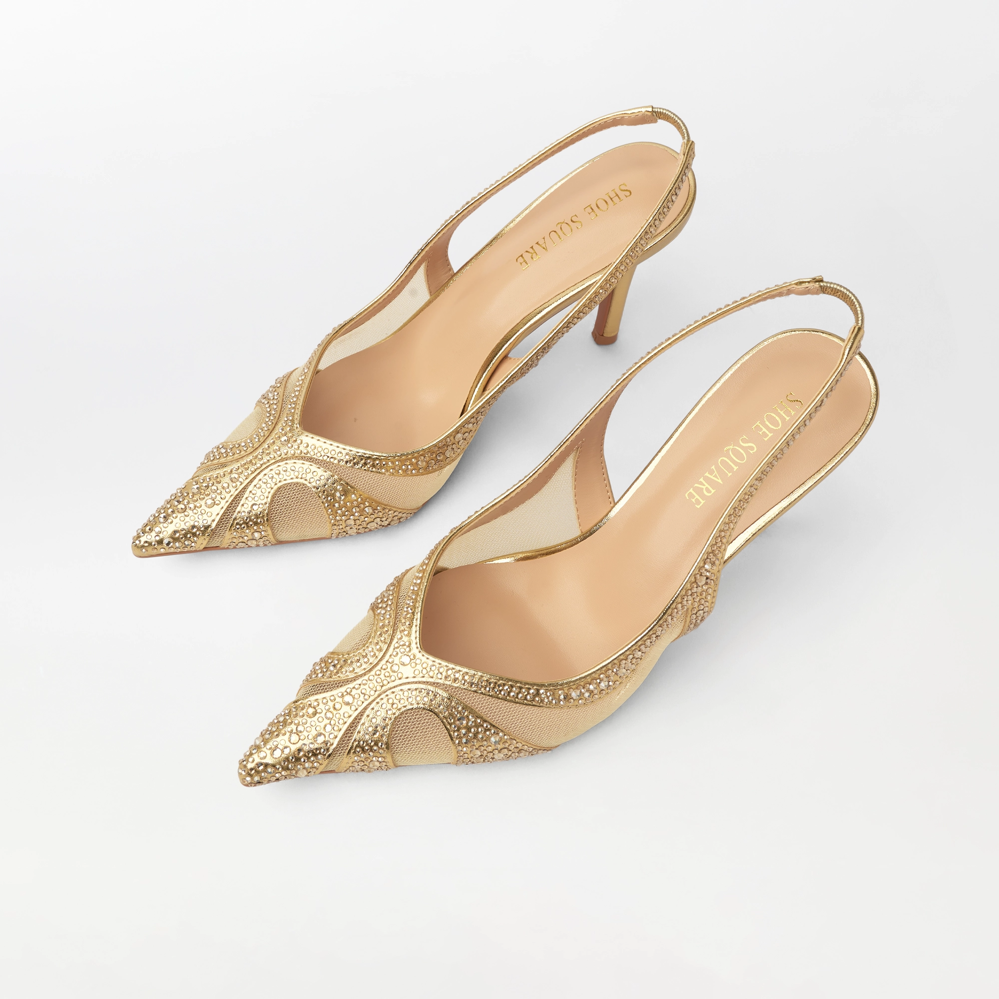 Embellished Mesh Slingback Heel Gold - (CH337)