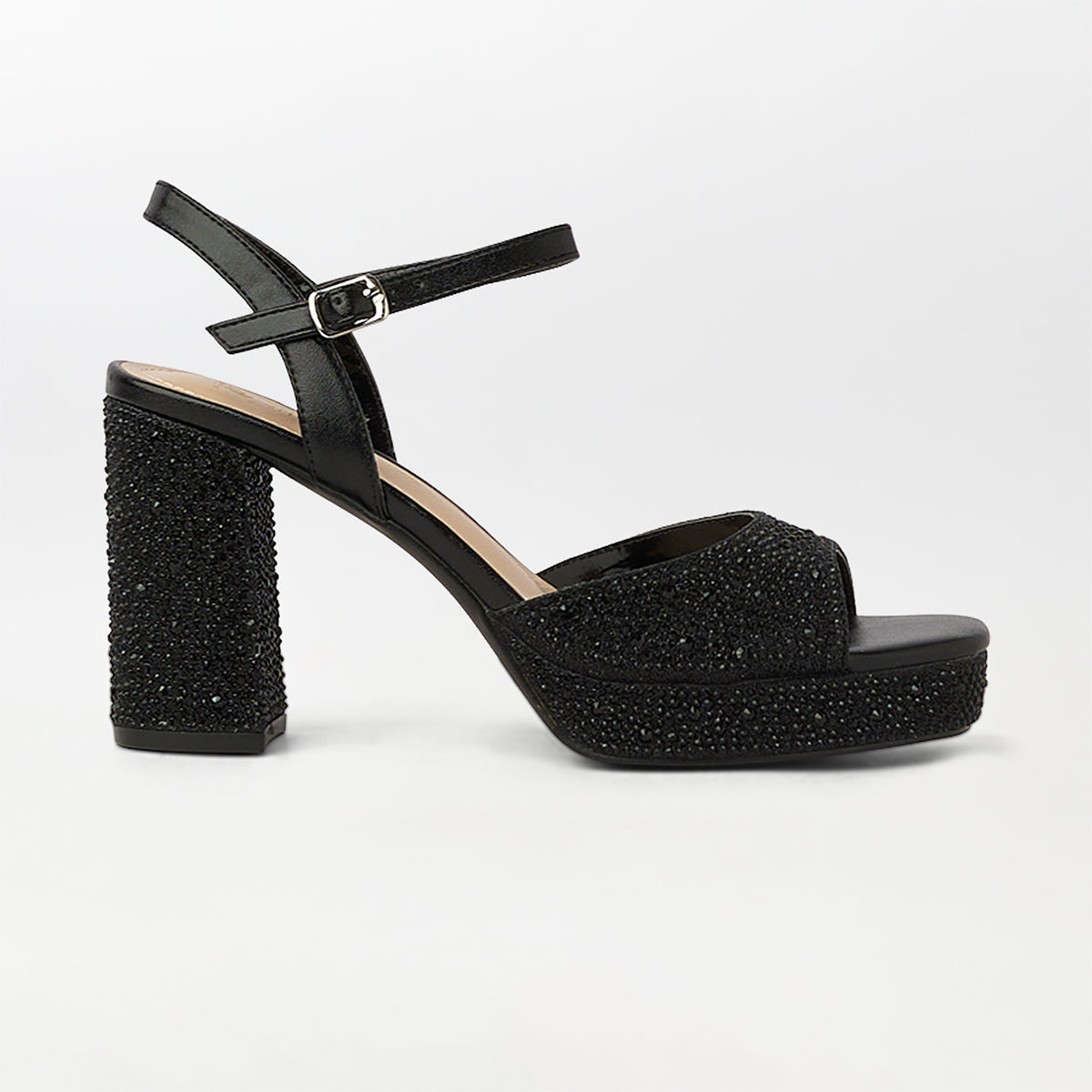 Stones Embellished Block Heel Black - (CH265)