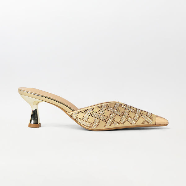 Embellished Kitten Heel Mules Gold - (CH232)